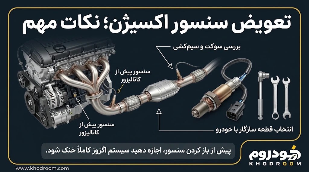 محل نصب سنسور اکسیژن پیش و پس از کاتالیزور و نکات مهم بررسی سوکت، سیم‌کشی و انتخاب قطعه سازگار هنگام تعویض