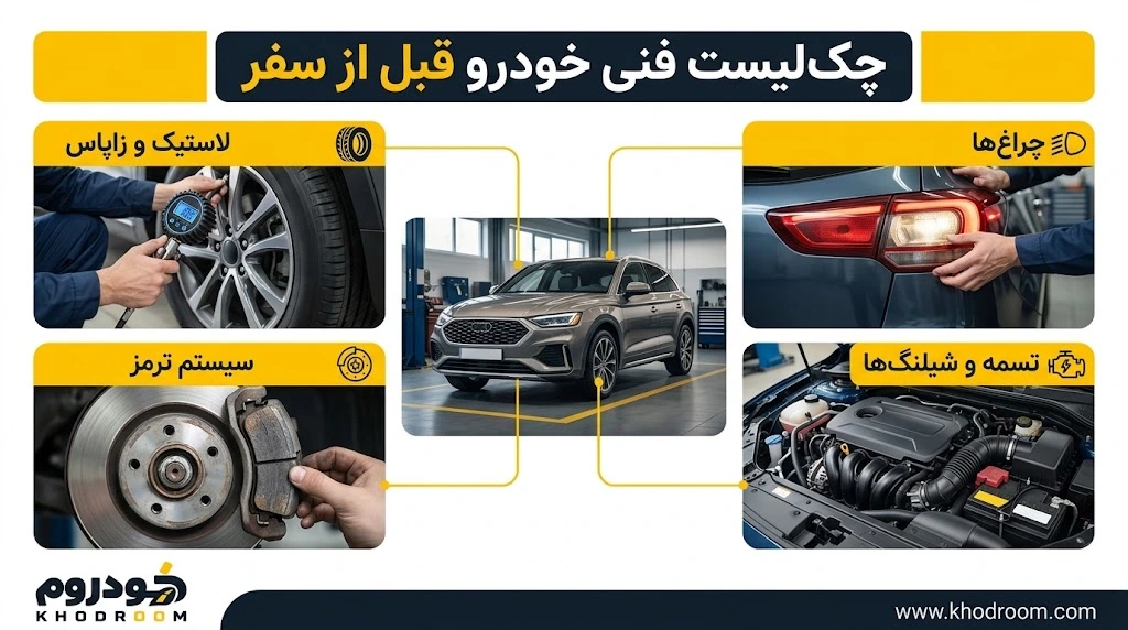 چک‌لیست بررسی خودرو قبل از سفر شامل کنترل فشار باد لاستیک، ترمزها، چراغ‌ها و تسمه‌های موتور