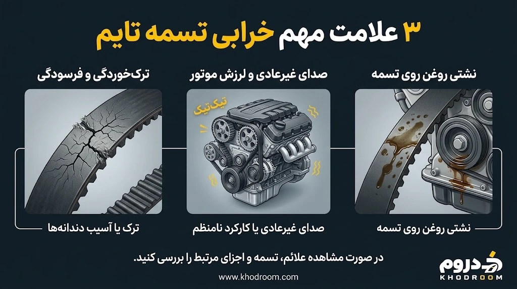 علائم خرابی تسمه تایم شامل ترک‌خوردگی و آسیب دندانه‌ها، صدای غیرعادی موتور و نشتی روغن روی تسمه