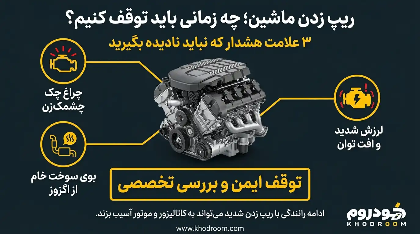 علائم خطرناک ریپ زدن ماشین شامل چراغ چک چشمکزن، لرزش شدید موتور و بوی سوخت خام