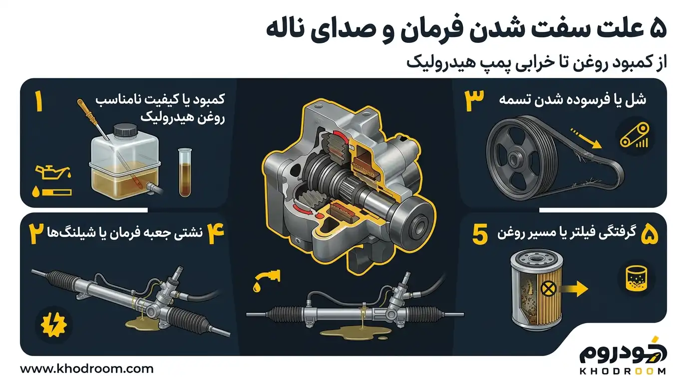 پنج علت سفت شدن فرمان هیدرولیک شامل کمبود روغن، خرابی پمپ، فرسودگی تسمه، نشتی شیلنگ و گرفتگی مسیر روغن