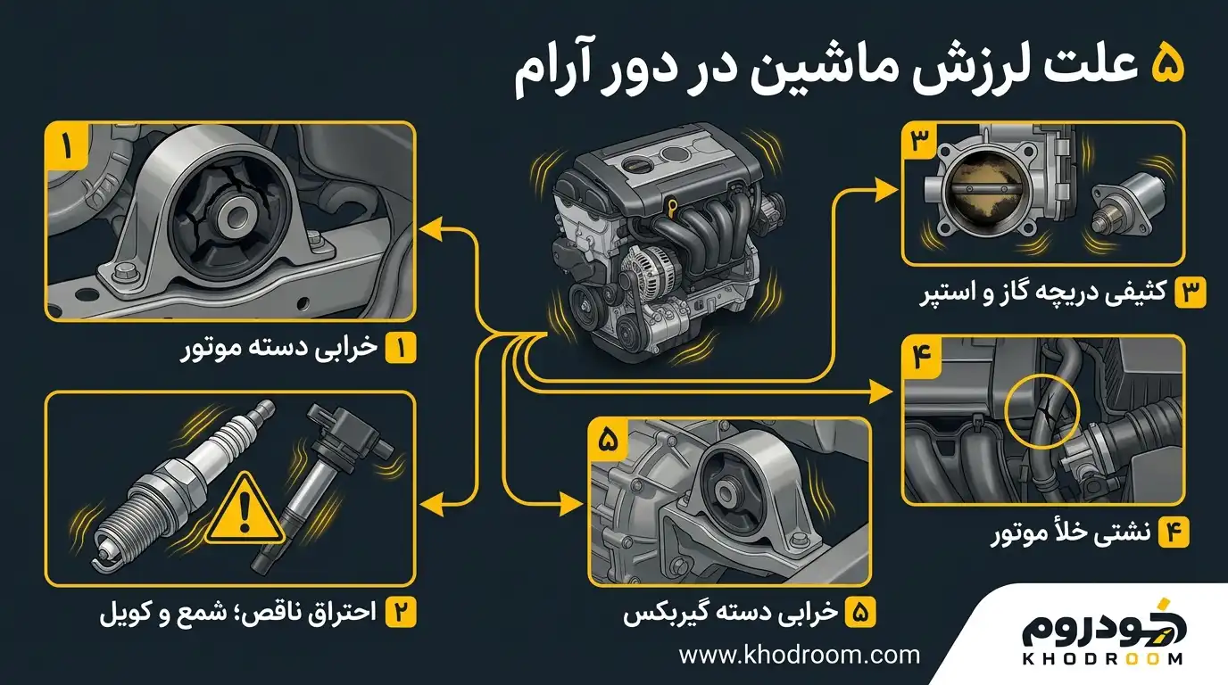 علتهای لرزش ماشین در حالت درجا شامل خرابی دسته موتور، احتراق ناقص، کثیفی دریچه گاز، نشتی خلأ و خرابی دسته گیربکس