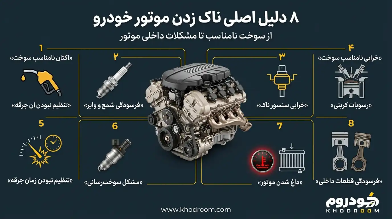 هشت علت ناک زدن موتور خودرو شامل سوخت نامناسب، شمع فرسوده، خرابی سنسور ناک و داغ شدن موتور